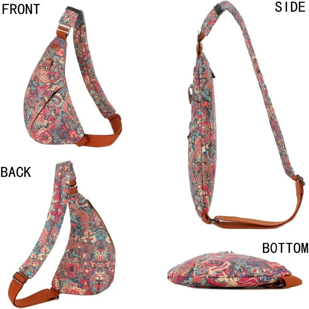 Women's Floral Polyester Crossbody Sling Bag Compact Lightweight Multi-Pocket